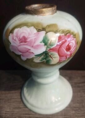 Lefton Vintage Porcelain Bud Vase Hand Painted 4169 Green Roses oil lamp base
